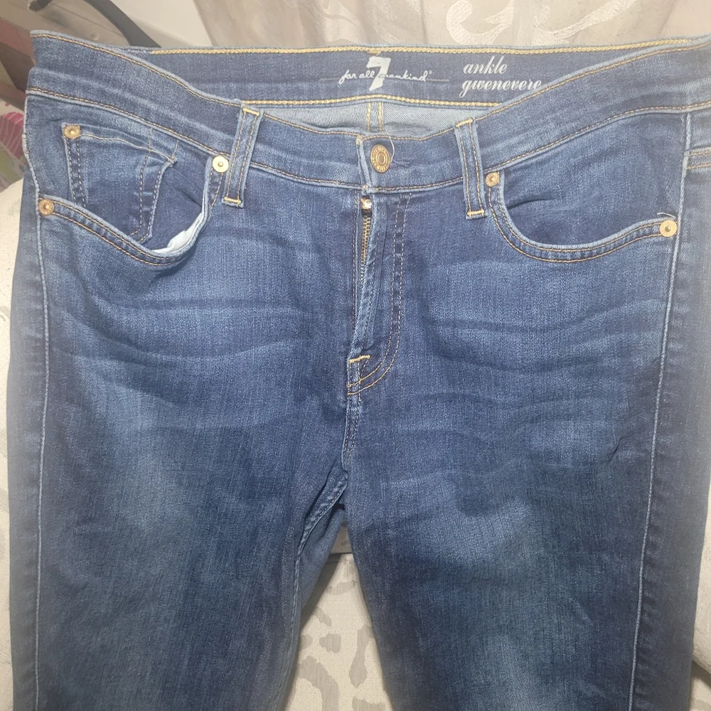 7 For All Mankind Gwenevere Blue Waters Mid Skinny Frayed Denim Jean - Picture 11 of 11